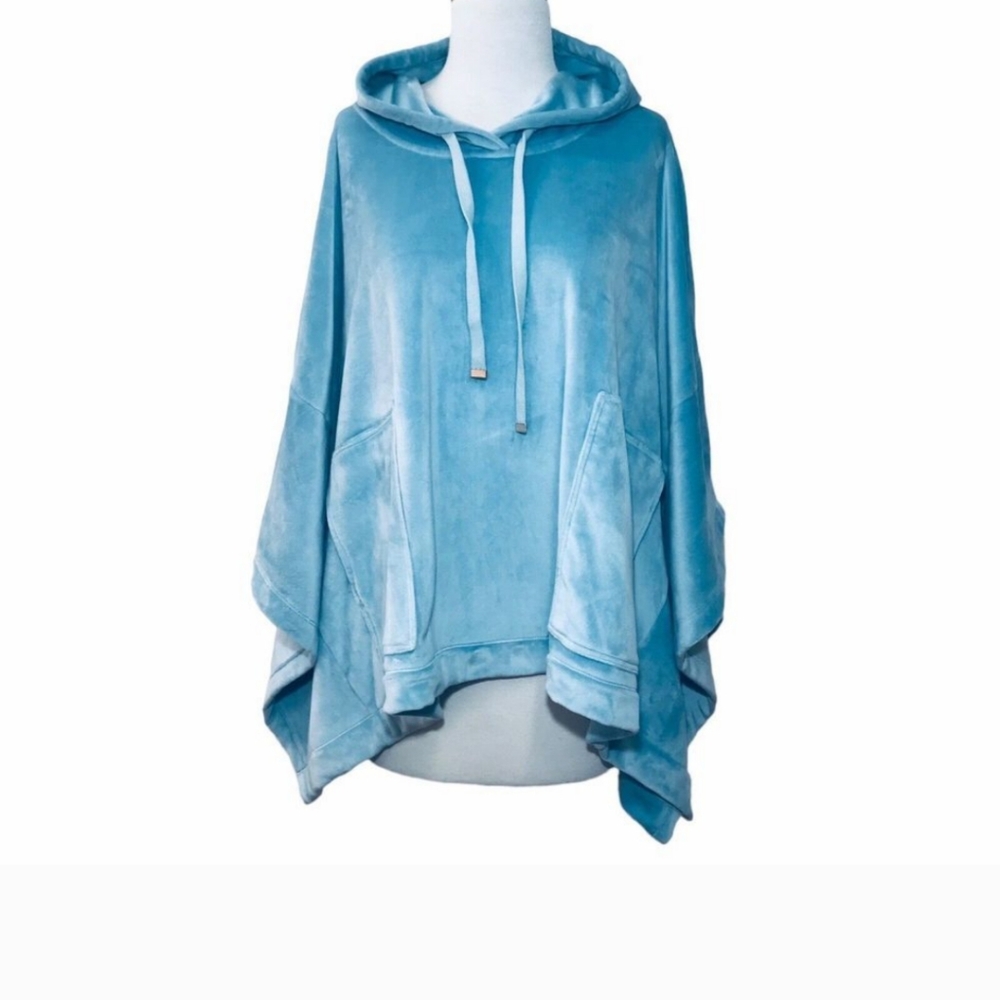 Soft Surroundings Cuddle Me Velour Hoodie Poncho Comfy Oversized Pockets Blue